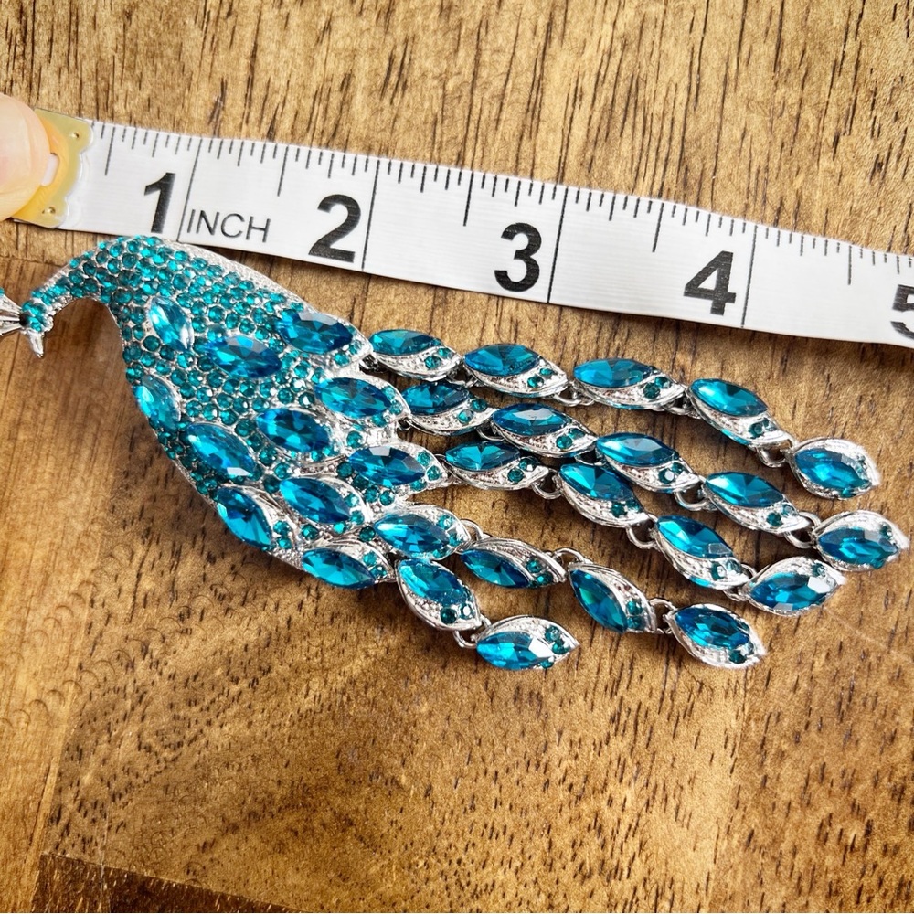 Silver Tone Peacock Rhinestone Brooch Pin Blue Gemstone Sparkly Large Bail - Picture 6 of 9